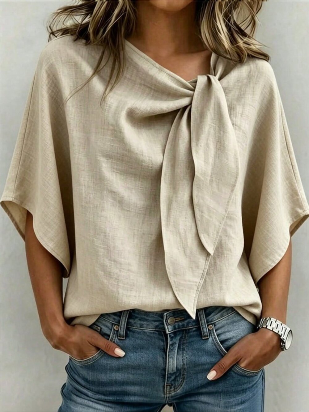 Apricot Casual Women's Loose Tie V-Neck Raglan Sleeve Top